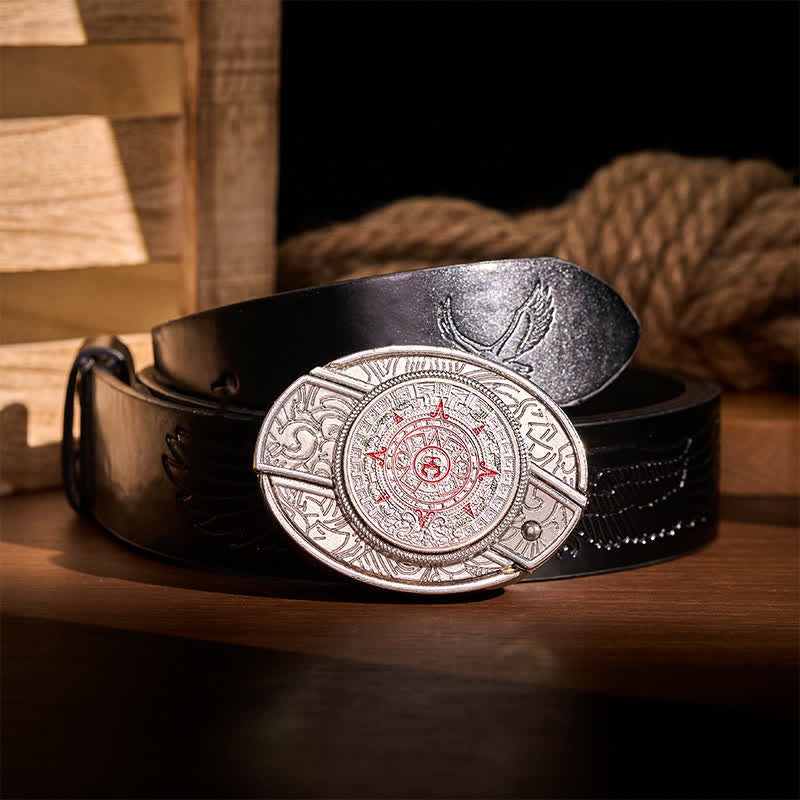 Ceinture en cuir avec boucle de couteau pliant caché, inspirée du calendrier aztèque et maya. - Calendrier aztèque maya - Ceinture noire à motif aigle en relief - 42 - image 2