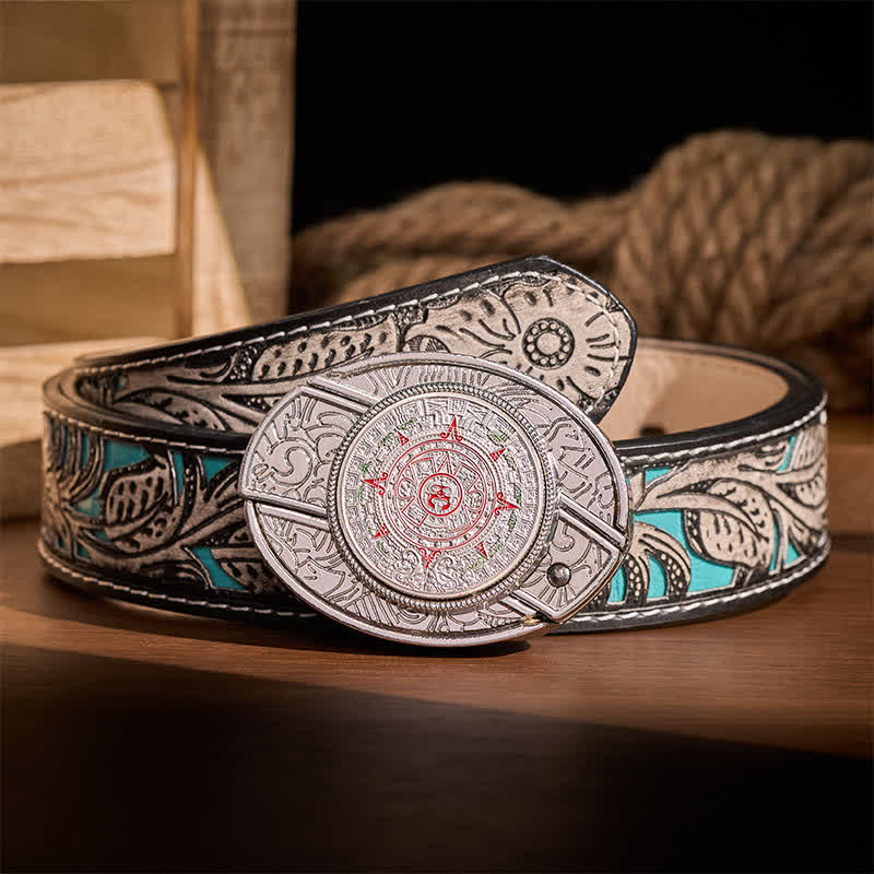 Ceinture en cuir avec boucle de couteau pliant caché, inspirée du calendrier aztèque et maya. - Calendrier aztèque maya - Ceinture à fleurs grises - 42 - image 8