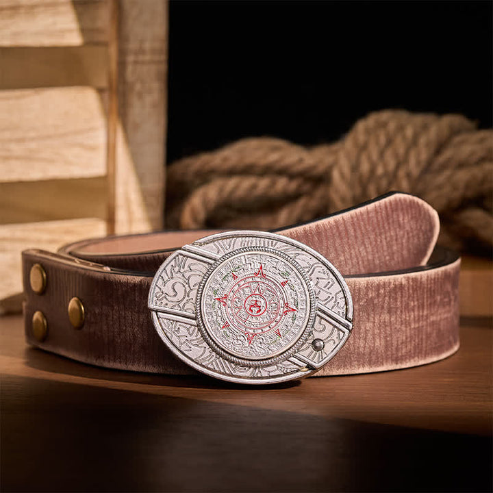 Ceinture en cuir avec boucle de couteau pliant caché, inspirée du calendrier aztèque et maya. - Calendrier aztèque maya - Ceinture marron vieillie - 42 - image 5