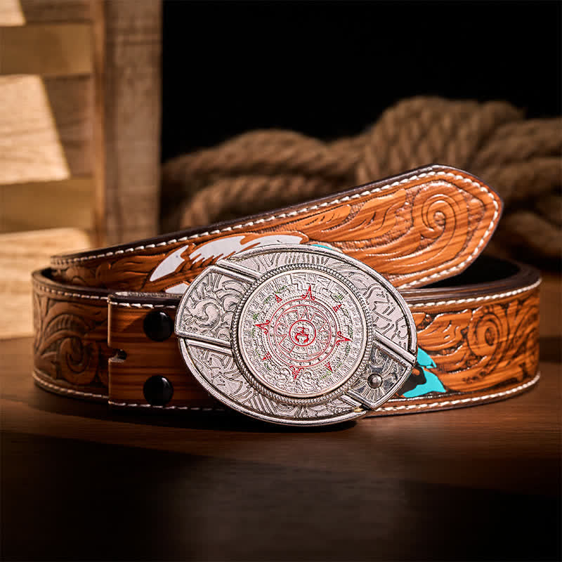 Ceinture en cuir avec boucle de couteau pliant caché, inspirée du calendrier aztèque et maya. - Calendrier aztèque maya - Ceinture de plumes brunes - 40 - image 7