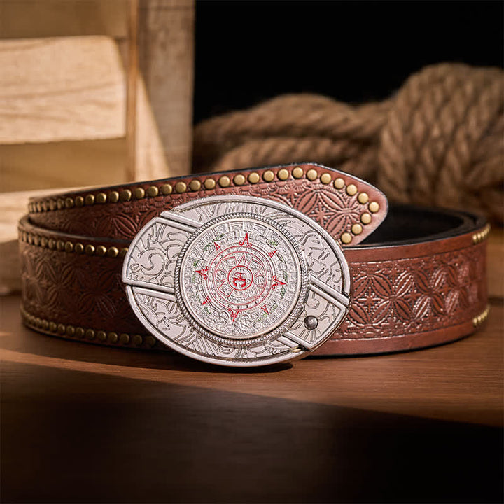 Ceinture en cuir avec boucle de couteau pliant caché, inspirée du calendrier aztèque et maya. - Calendrier aztèque maya - Ceinture à rivets marron - 42 - image 4
