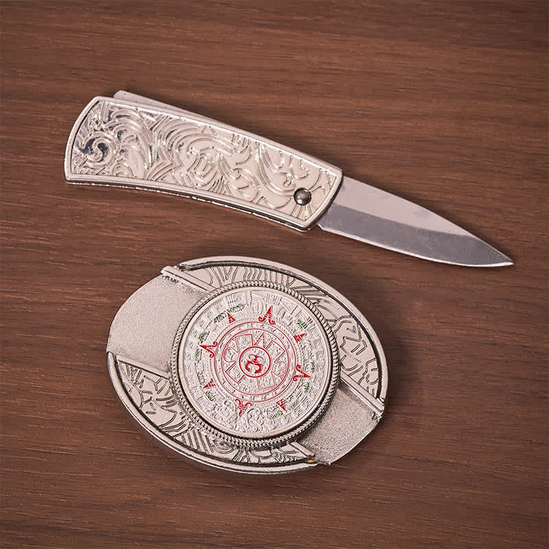 Ceinture en cuir avec boucle de couteau pliant caché, inspirée du calendrier aztèque et maya. - image 1