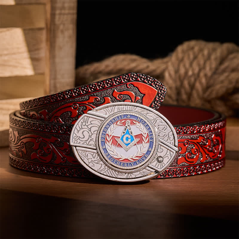 Ceinture en cuir avec boucle de couteau pliant dissimulée, symbole maçonnique de l'amour fraternel, à faire soi-même. - Argent - Ceinture sculptée marron - 42 - image 6