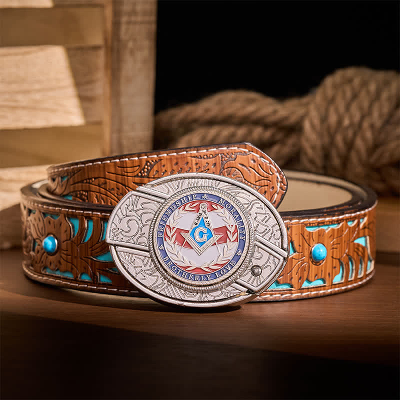 Ceinture en cuir avec boucle de couteau pliant dissimulée, symbole maçonnique de l'amour fraternel, à faire soi-même. - Argent - Ceinture turquoise sculptée - 42 - image 3