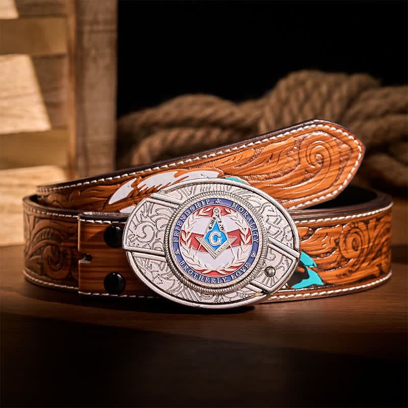 Ceinture en cuir avec boucle de couteau pliant dissimulée, symbole maçonnique de l'amour fraternel, à faire soi-même. - Argent - Ceinture de plumes brunes - 40 - image 7