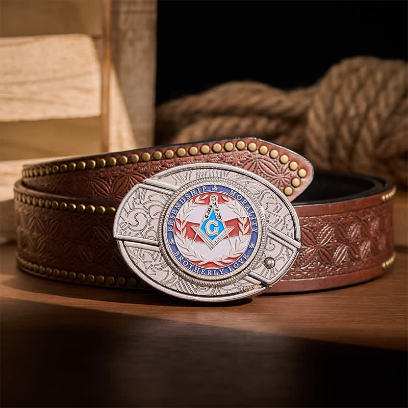 Ceinture en cuir avec boucle de couteau pliant dissimulée, symbole maçonnique de l'amour fraternel, à faire soi-même. - Argent - Ceinture à rivets marron - 42 - image 5