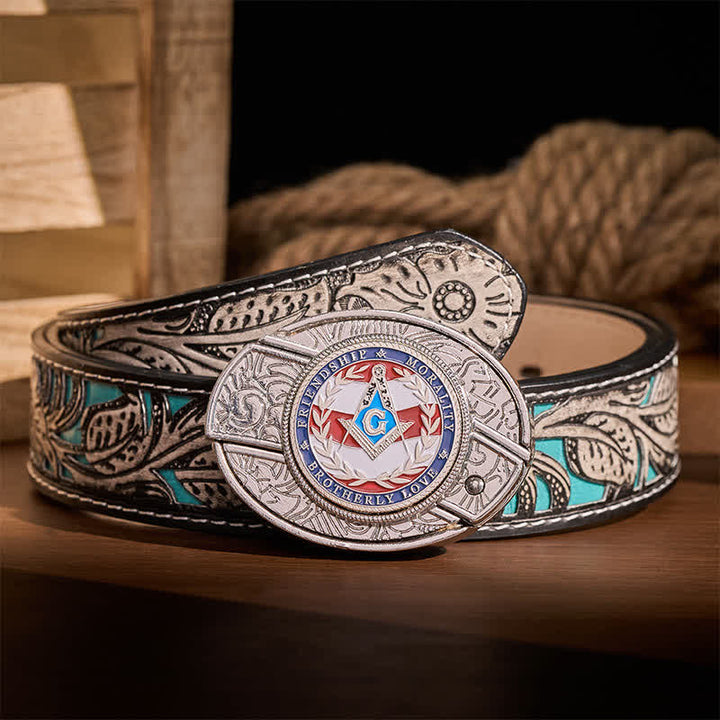 Ceinture en cuir avec boucle de couteau pliant dissimulée, symbole maçonnique de l'amour fraternel, à faire soi-même. - Argent - Ceinture à fleurs grises - 42 - image 8