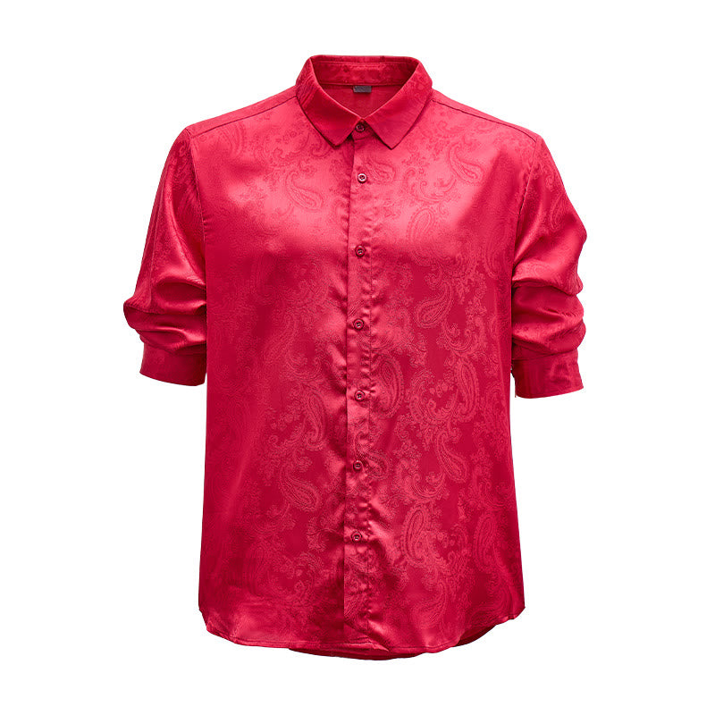 Chemise de mariage pour homme en satin jacquard à motif cachemire rétro britannique - Bourgogne - 2XL - image 0