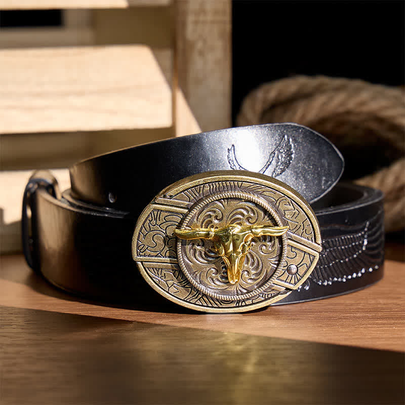 Ceinture en cuir avec boucle de couteau pliant dissimulé Bull DIY bicolore or et bronze - Tête de taureau - Ceinture noire à motif aigle en relief - 42 - image 2