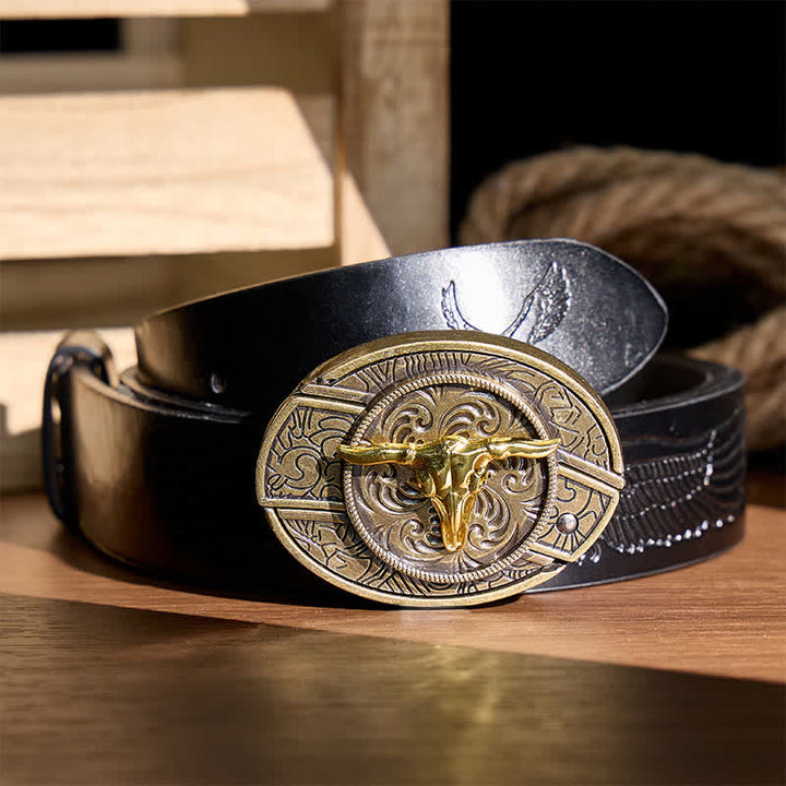 Ceinture en cuir avec boucle de couteau pliant dissimulé Bull DIY bicolore or et bronze - Tête de taureau - Ceinture noire à motif aigle en relief - 42 - image 2