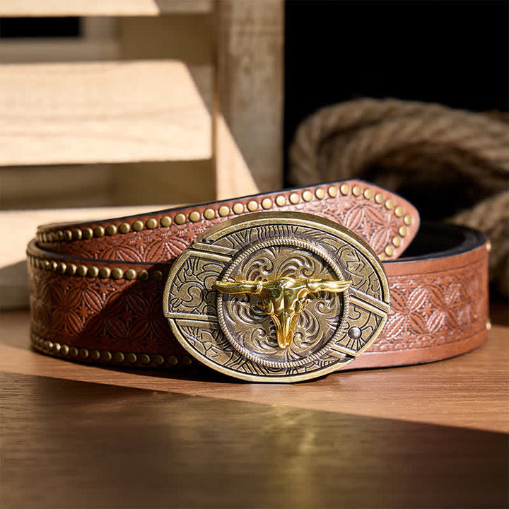 Ceinture en cuir avec boucle de couteau pliant dissimulé Bull DIY bicolore or et bronze - Tête de taureau - Ceinture à rivets marron - 42 - image 4
