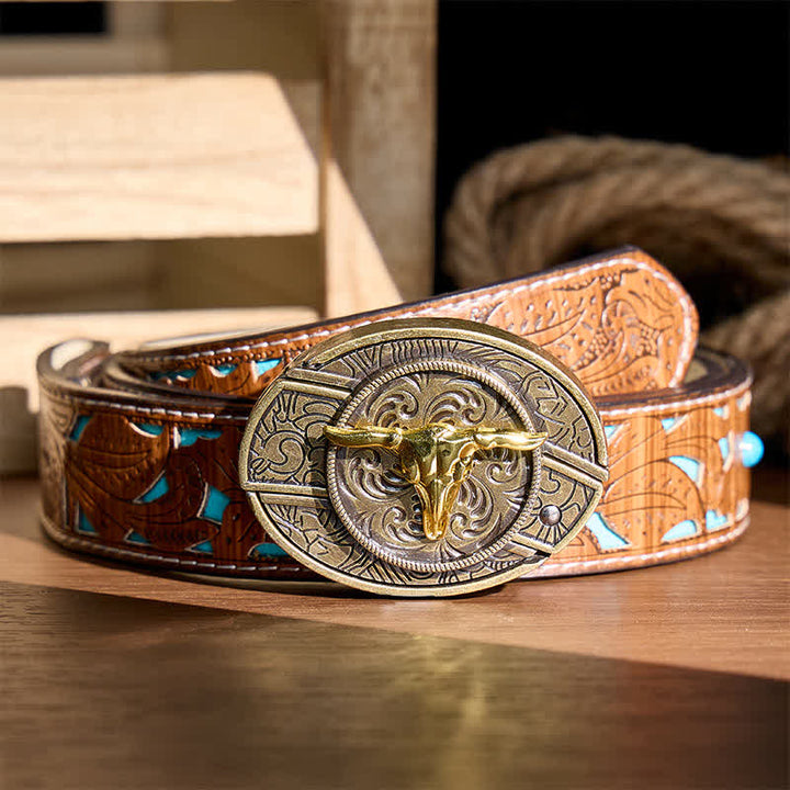Ceinture en cuir avec boucle de couteau pliant dissimulé Bull DIY bicolore or et bronze - Tête de taureau - Ceinture turquoise sculptée - 42 - image 3