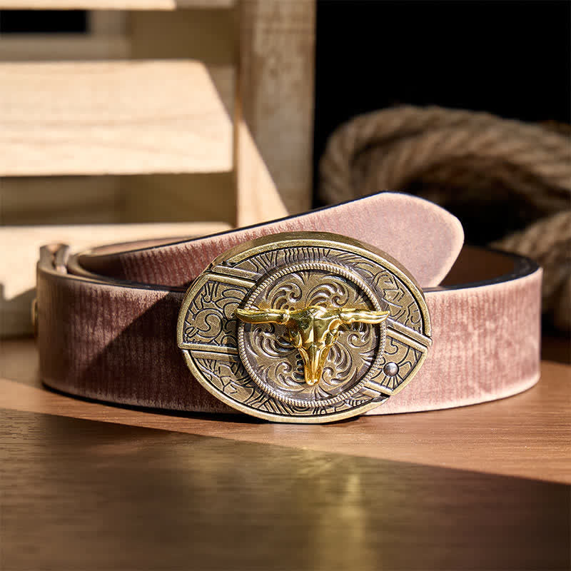 Ceinture en cuir avec boucle de couteau pliant dissimulé Bull DIY bicolore or et bronze - Tête de taureau - Ceinture marron vieillie - 42 - image 5