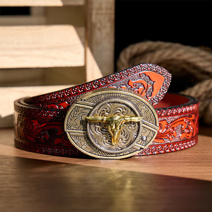 Ceinture en cuir avec boucle de couteau pliant dissimulé Bull DIY bicolore or et bronze - Tête de taureau - Ceinture sculptée marron - 42 - image 6