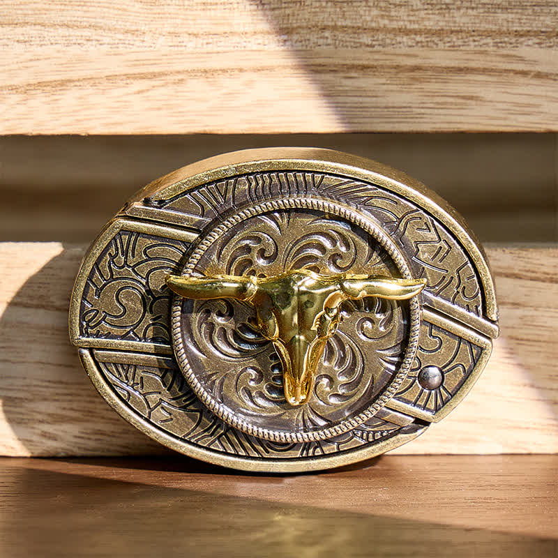 Ceinture en cuir avec boucle de couteau pliant dissimulé Bull DIY bicolore or et bronze - Tête de taureau - Sans ceinture - Ceinture non incluse - image 0