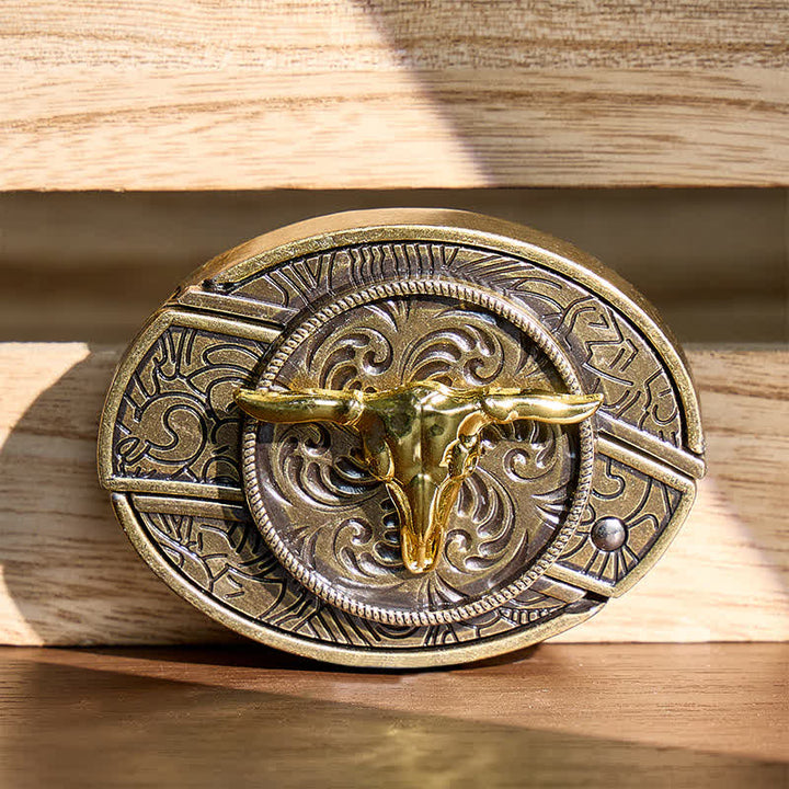 Ceinture en cuir avec boucle de couteau pliant dissimulé Bull DIY bicolore or et bronze - Tête de taureau - Sans ceinture - Ceinture non incluse - image 0