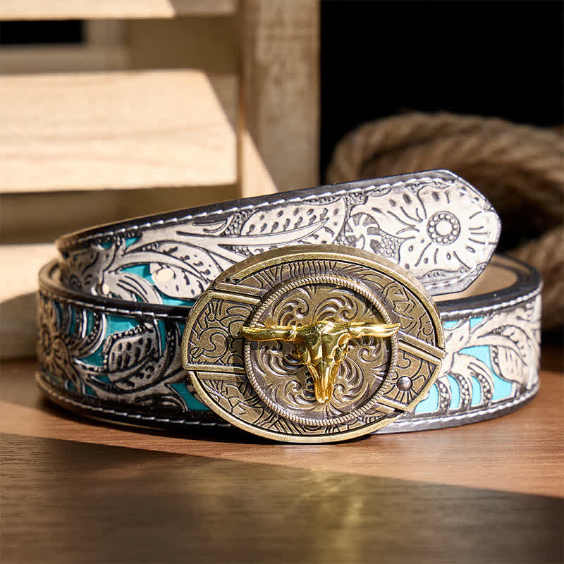 Ceinture en cuir avec boucle de couteau pliant dissimulé Bull DIY bicolore or et bronze - Tête de taureau - Ceinture à fleurs grises - 42 - image 8