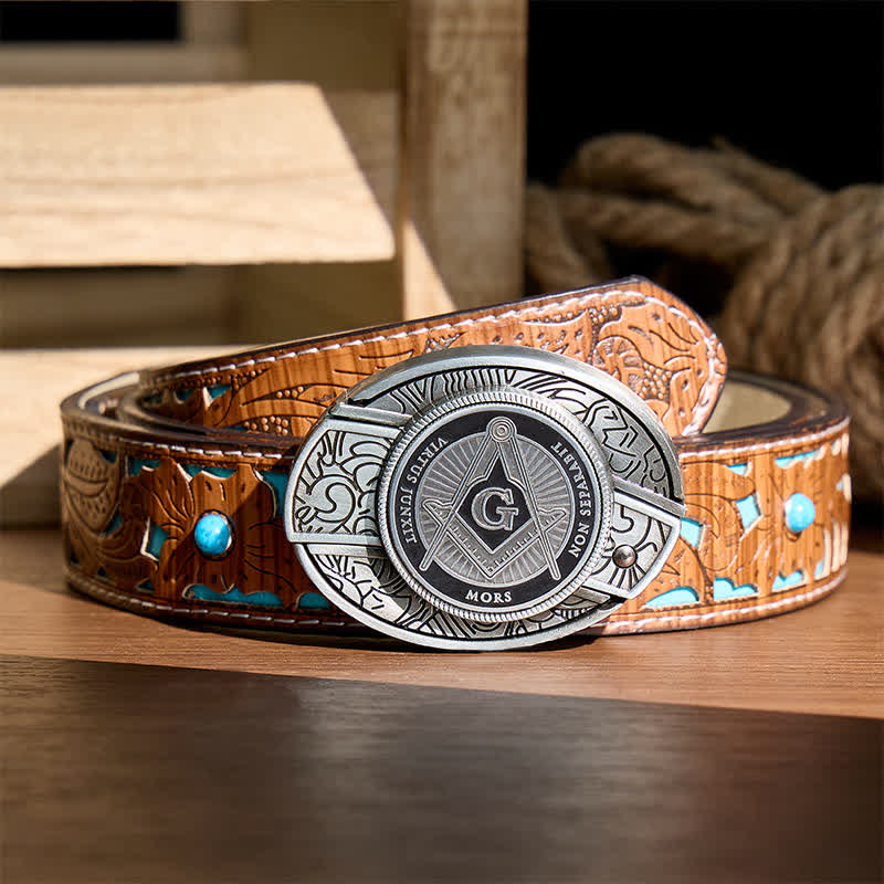 Boucle de couteau pliant dissimulée en émail noir avec symbole maçonnique à monter soi-même, ceinture en cuir - Noir - Ceinture turquoise sculptée - 42 - image 3