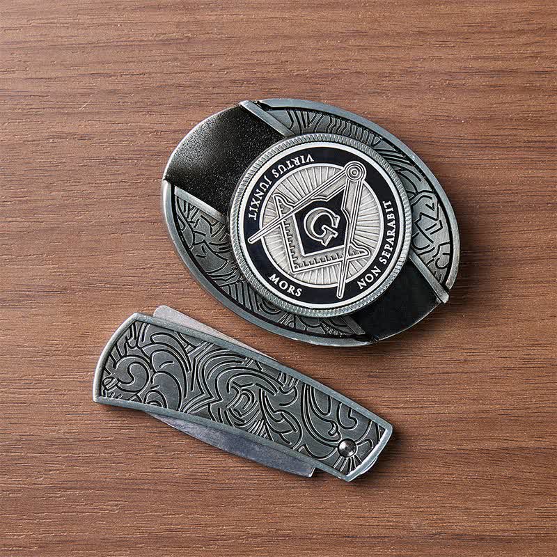 Boucle de couteau pliant dissimulée en émail noir avec symbole maçonnique à monter soi-même, ceinture en cuir - image 10