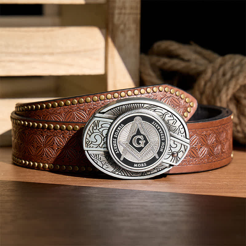 Boucle de couteau pliant dissimulée en émail noir avec symbole maçonnique à monter soi-même, ceinture en cuir - Noir - Ceinture à rivets marron - 42 - image 4