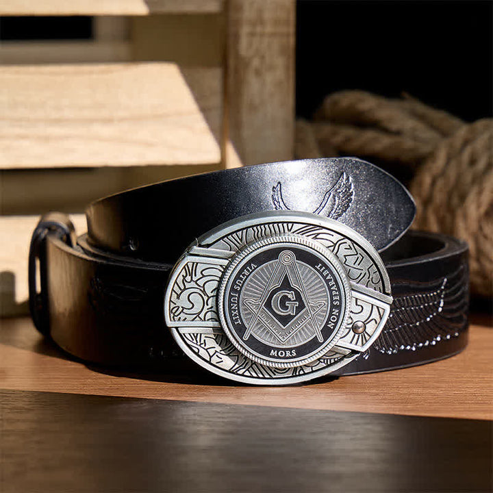 Boucle de couteau pliant dissimulée en émail noir avec symbole maçonnique à monter soi-même, ceinture en cuir - Noir - Ceinture noire à motif aigle en relief - 42 - image 2