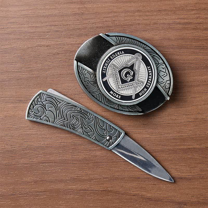 Boucle de couteau pliant dissimulée en émail noir avec symbole maçonnique à monter soi-même, ceinture en cuir - image 1