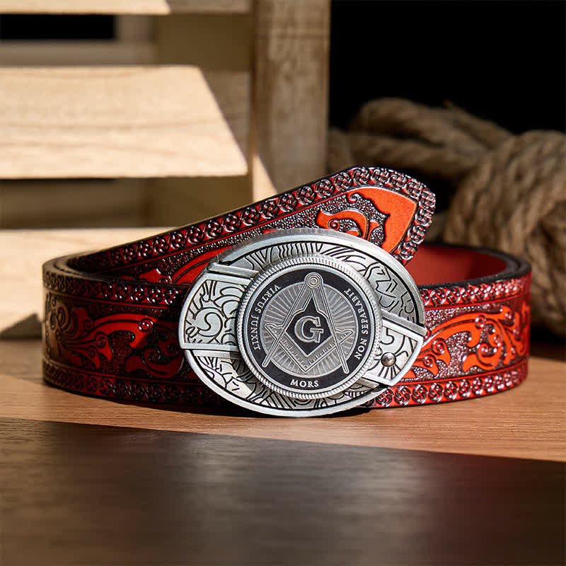 Boucle de couteau pliant dissimulée en émail noir avec symbole maçonnique à monter soi-même, ceinture en cuir - Noir - Ceinture sculptée marron - 42 - image 6
