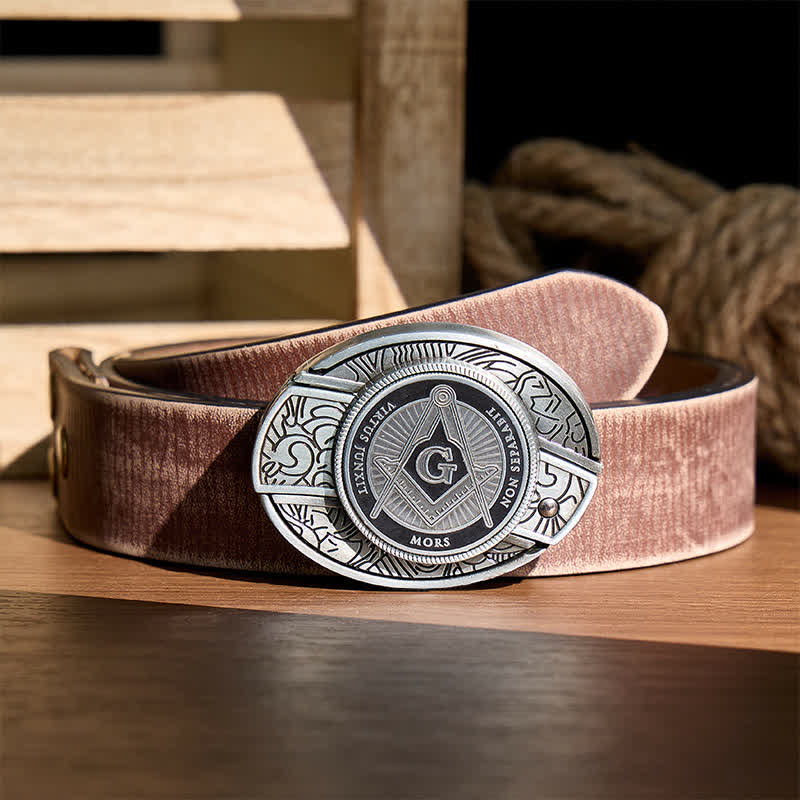 Boucle de couteau pliant dissimulée en émail noir avec symbole maçonnique à monter soi-même, ceinture en cuir - Noir - Ceinture marron vieillie - 42 - image 5