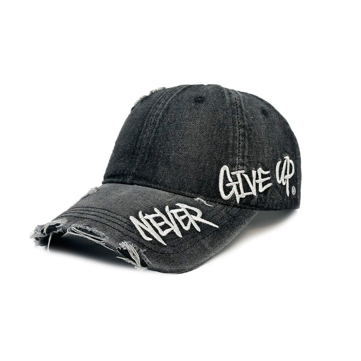Casquette de baseball en denim délavé brodée « Never Give Up » - Noir - Réglable (21 5/8"-23 5/8") - image 5