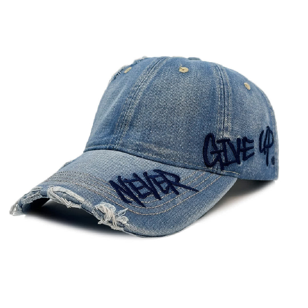 Casquette de baseball en denim délavé brodée « Never Give Up » - Bleu - Réglable (21 5/8"-23 5/8") - image 0