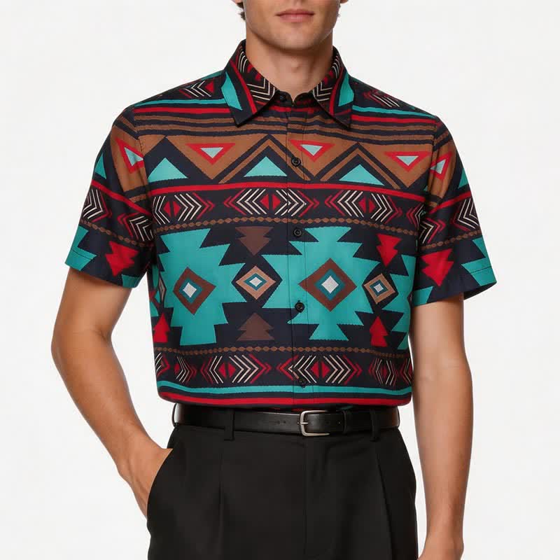 Chemise western rétro pour homme, imprimé géométrique aztèque du sud-ouest - image 1