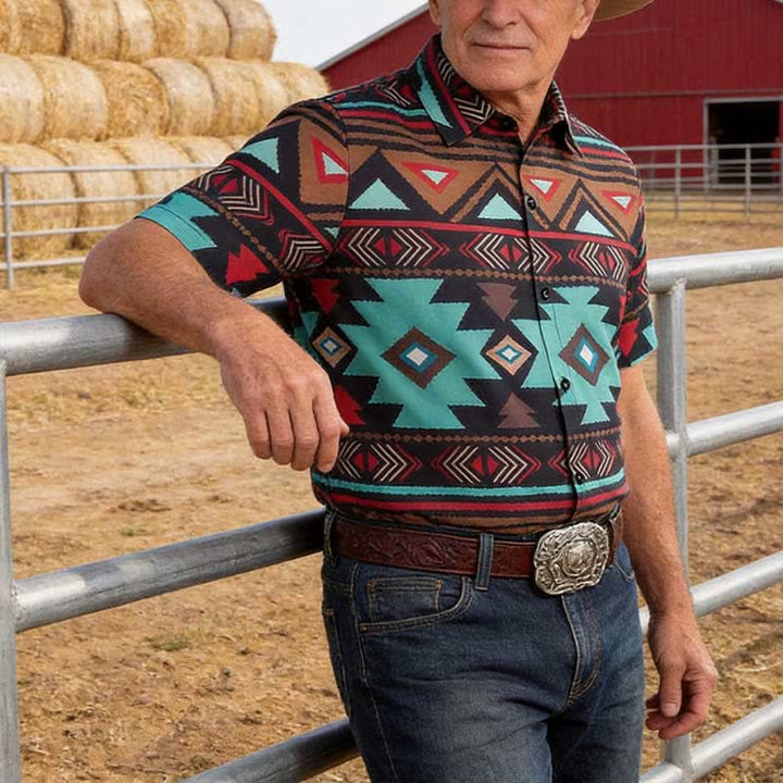 Chemise western rétro pour homme, imprimé géométrique aztèque du sud-ouest - Turquoise - 5XL - image 0