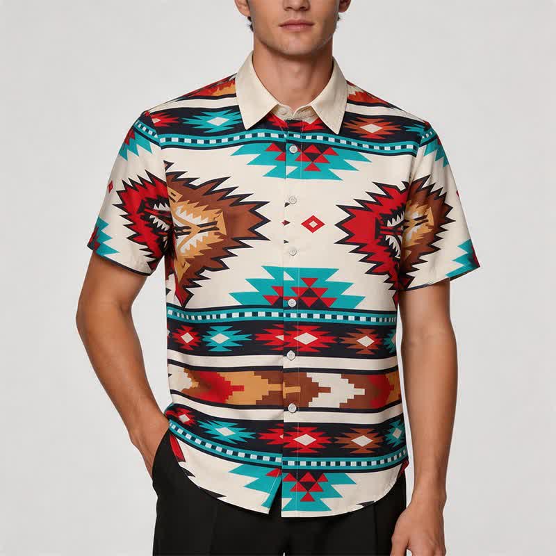 Chemise western décontractée pour homme, crème et turquoise, à imprimé aztèque - image 1