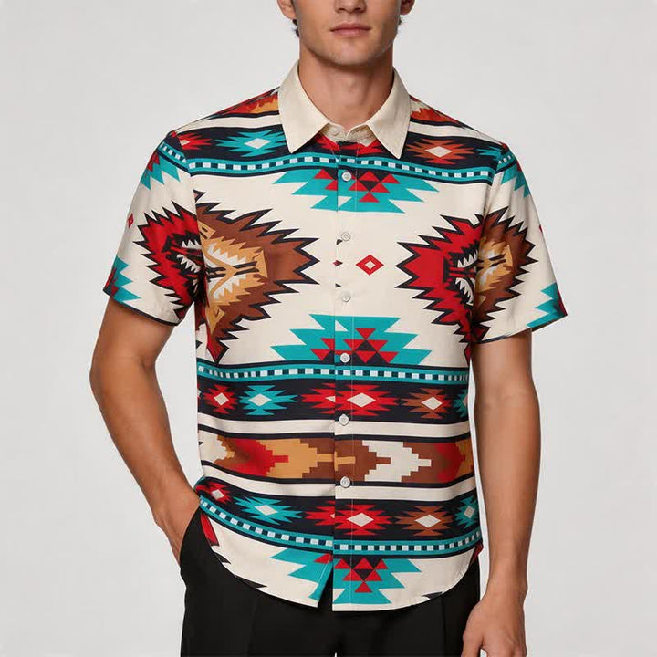 Chemise western décontractée pour homme, crème et turquoise, à imprimé aztèque - image 1