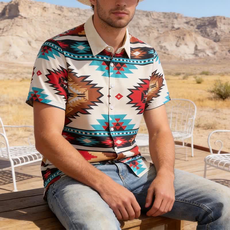 Chemise western décontractée pour homme, crème et turquoise, à imprimé aztèque - Crème et turquoise - 4XL - image 0