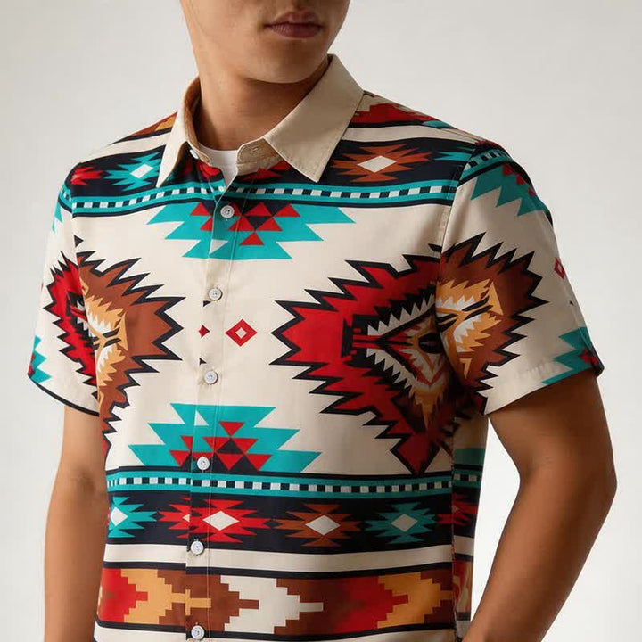 Chemise western décontractée pour homme, crème et turquoise, à imprimé aztèque - image 3