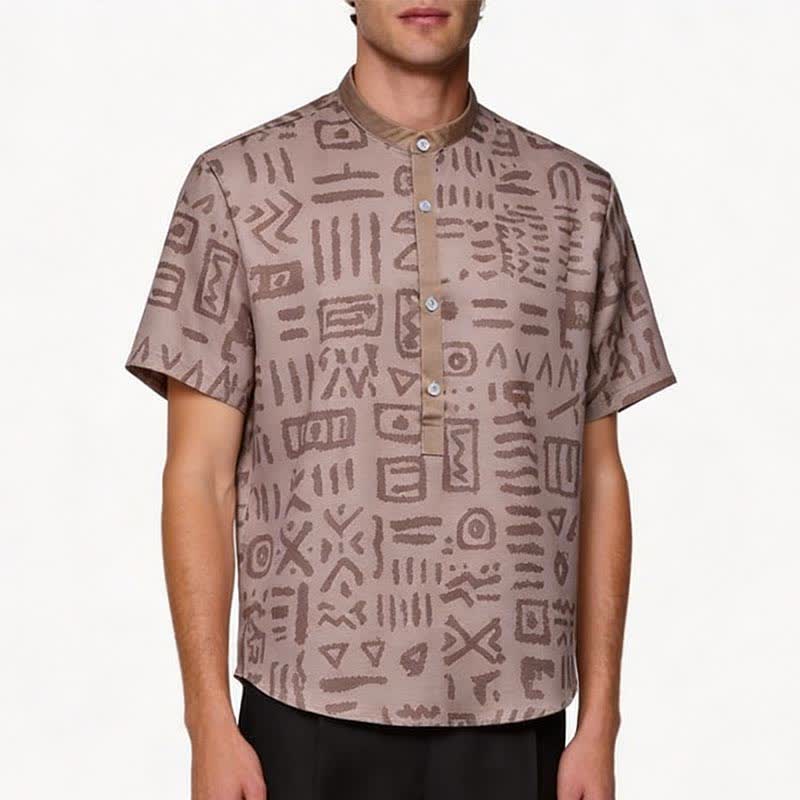 Chemise ethnique pour homme, beige taupe, à imprimé tribal - image 1