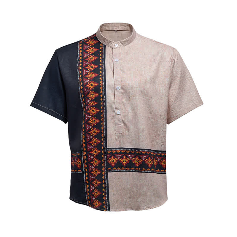 Chemise ethnique asymétrique pour homme en lin mélangé à imprimé tribal - image 9