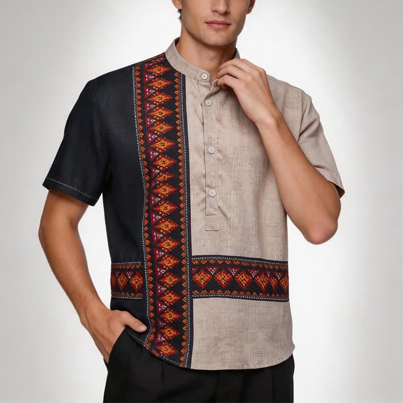 Chemise ethnique asymétrique pour homme en lin mélangé à imprimé tribal - image 1