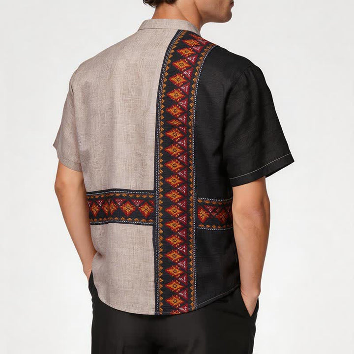 Chemise ethnique asymétrique pour homme en lin mélangé à imprimé tribal - image 2