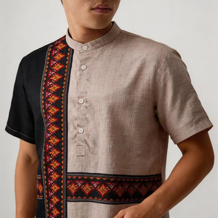 Chemise ethnique asymétrique pour homme en lin mélangé à imprimé tribal - image 3