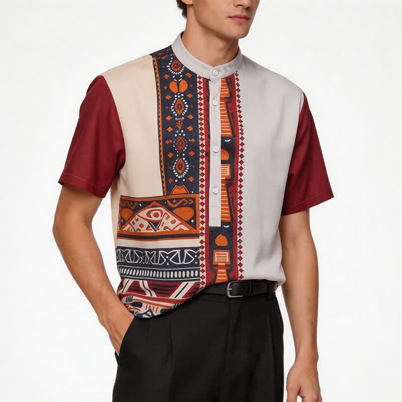 Chemise ethnique patchwork d'été pour homme, inspirée du Sud-Ouest américain - image 1