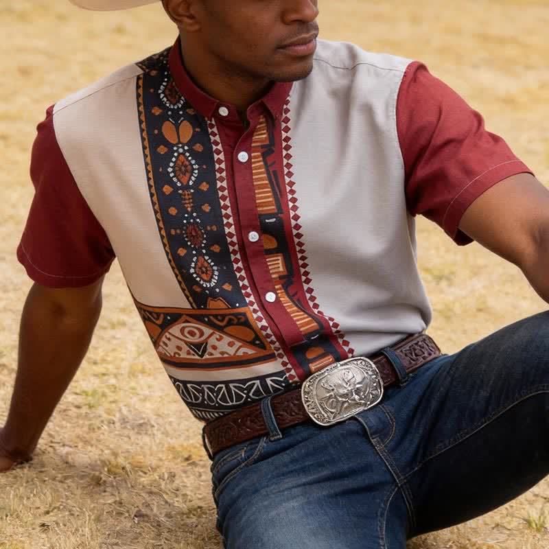 Chemise ethnique patchwork d'été pour homme, inspirée du Sud-Ouest américain - Rouge terracotta - 5XL - image 0