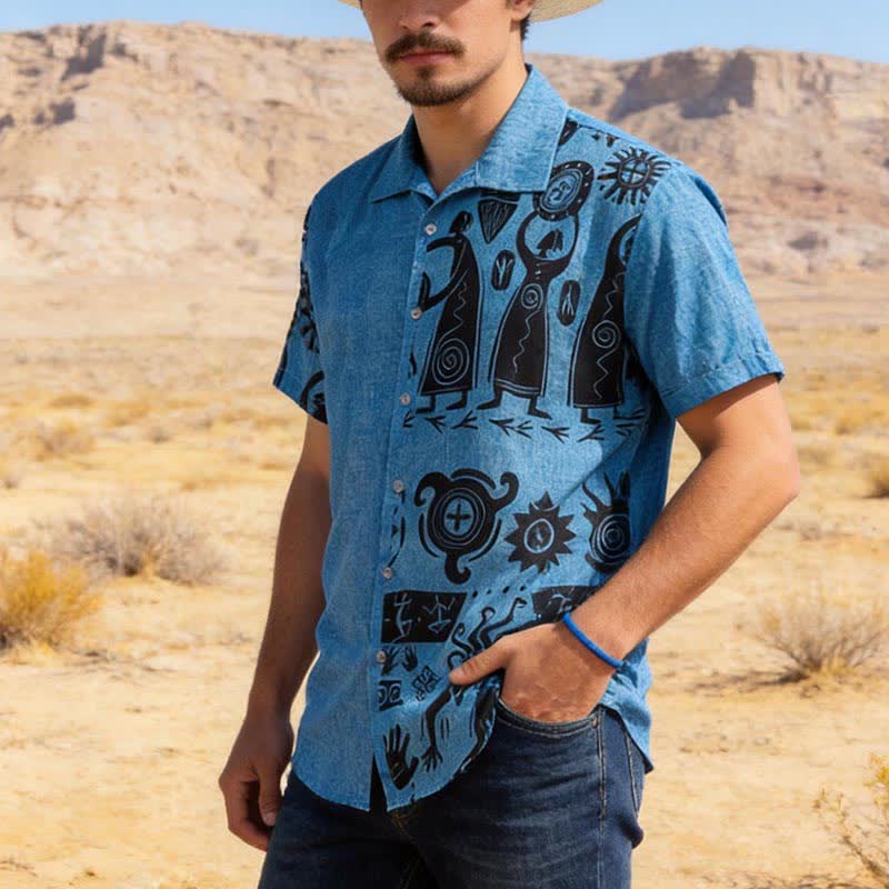Chemise ethnique pour homme à imprimé inspiré de l'art rupestre du Sud-Ouest américain - Bleu - 5XL - image 0