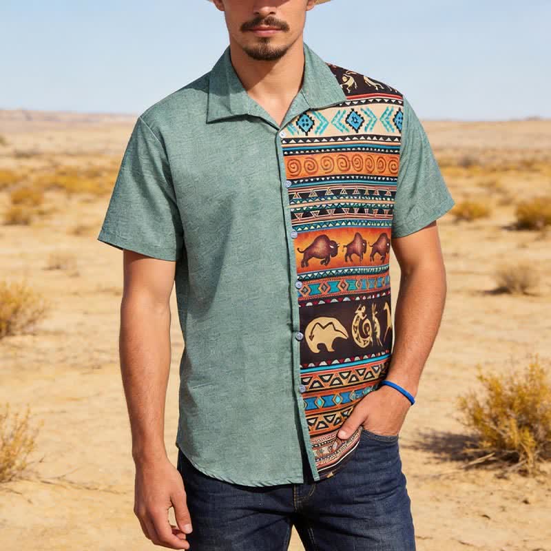 Chemise ethnique pour homme à imprimé bison pétroglyphe du désert - Vert armée - 5XL - image 0