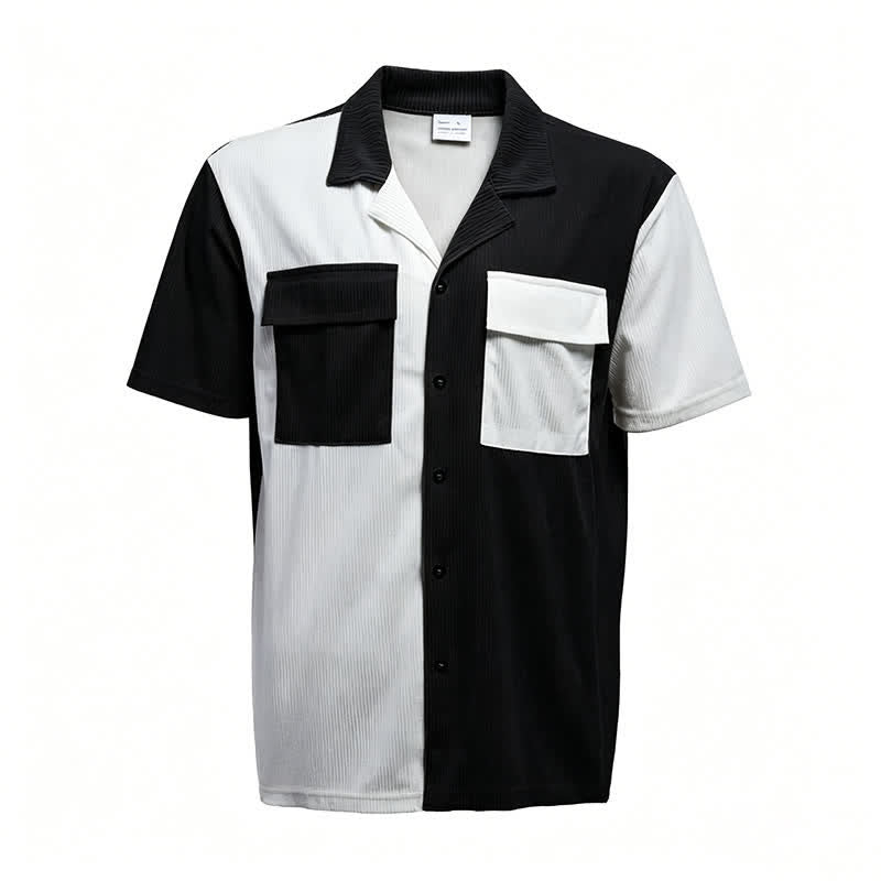 Chemise en velours côtelé à manches courtes bicolore pour homme - Noir - 3XL - image 4