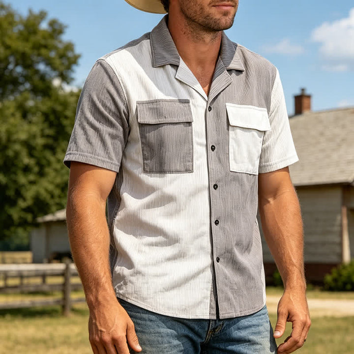 Chemise en velours côtelé à manches courtes bicolore pour homme - Gris - 3XL - image 3