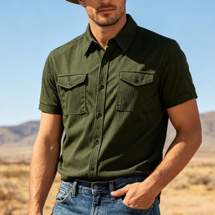 Chemise de travail en velours côtelé pour homme, couleur unie, double poche poitrine - Vert armée - 3XL - image 4