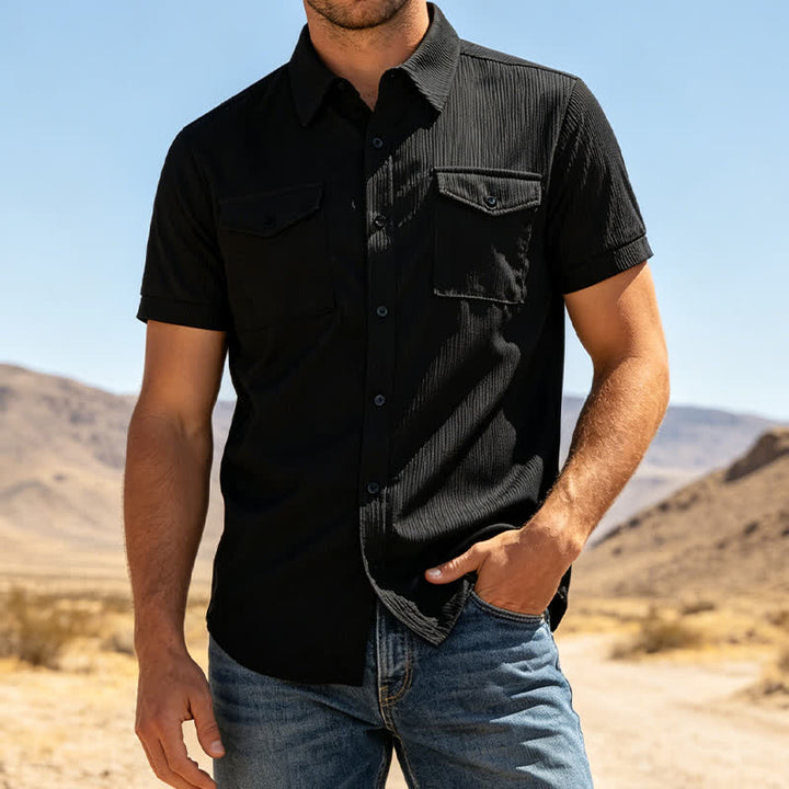 Chemise de travail en velours côtelé pour homme, couleur unie, double poche poitrine - Noir - 3XL - image 5