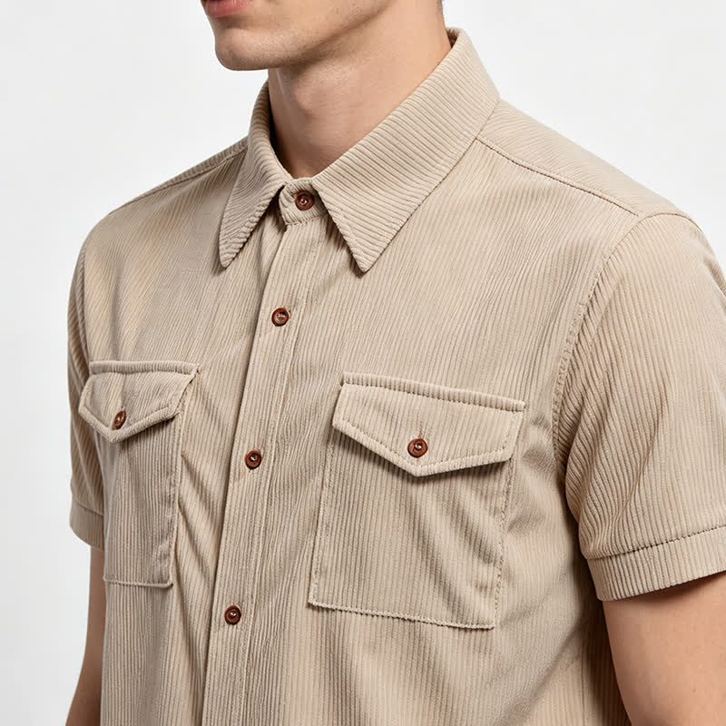 Chemise de travail en velours côtelé pour homme, couleur unie, double poche poitrine - image 1